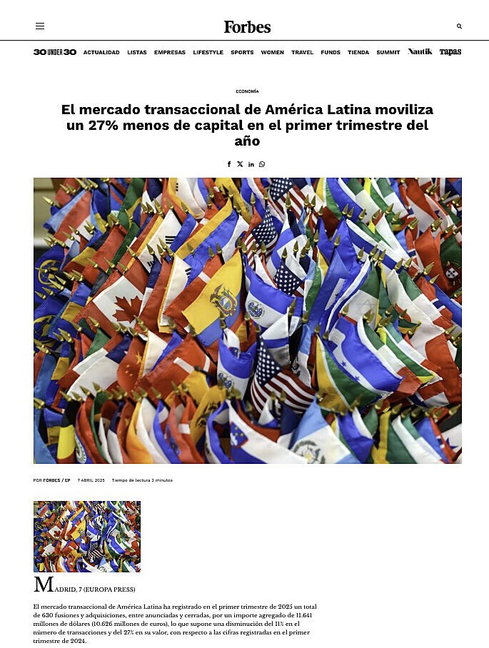 El mercado transaccional de Amrica Latina moviliza un 27% menos de capital en el primer trimestre del ao